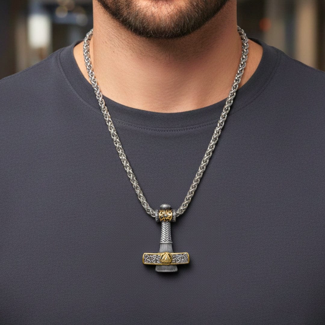 THE MEN THING SS Pendant/ Necklace VIKING NORDIC HAMMER GOLD - Pure Titanium Steel Necklace with 24 inch Chain for Men & Boys
