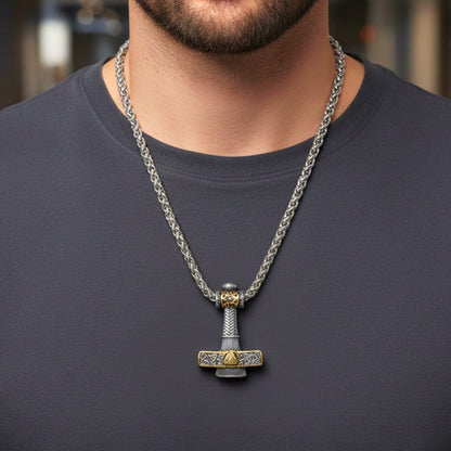 THE MEN THING SS Pendant/ Necklace VIKING NORDIC HAMMER GOLD - Pure Titanium Steel Necklace with 24 inch Chain for Men & Boys
