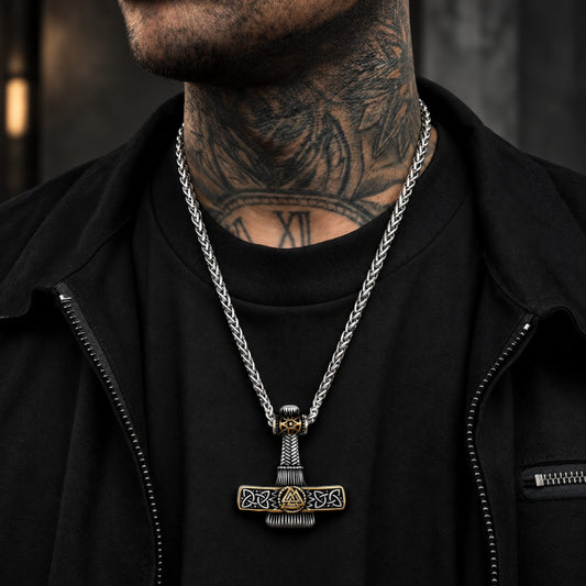 THE MEN THING SS Pendant/ Necklace VIKING NORDIC HAMMER GOLD - Pure Titanium Steel Necklace with 24 inch Chain for Men & Boys