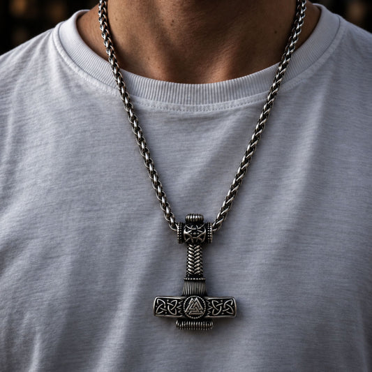 THE MEN THING SS Pendant/ Necklace VIKING NORDIC HAMMER SILVER - Pure Titanium Steel Necklace with 24 inch Chain for Men & Boys