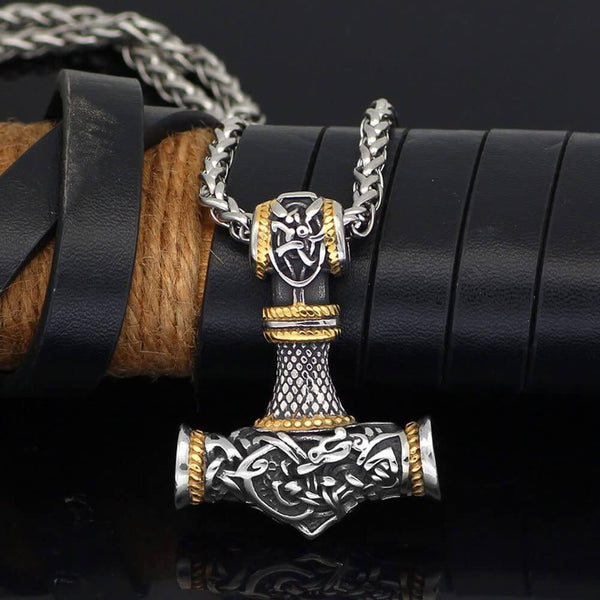 VIKING NORSE GOD HAMMER GOLD  - Pure Titanium Steel Necklace with 24 inch Chain for Men & Boys