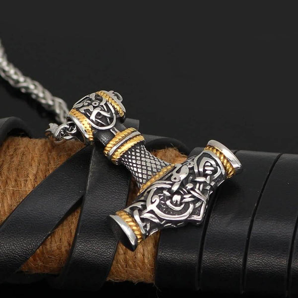 VIKING NORSE GOD HAMMER GOLD  - Pure Titanium Steel Necklace with 24 inch Chain for Men & Boys