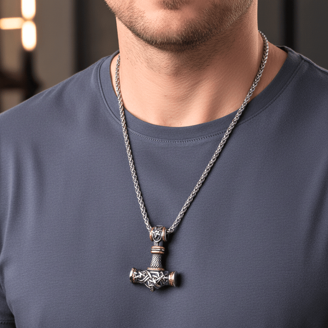 THE MEN THING SS Pendant/ Necklace VIKING NORSE GOD HAMMER GOLD  - Pure Titanium Steel Necklace with 24 inch Chain for Men & Boys