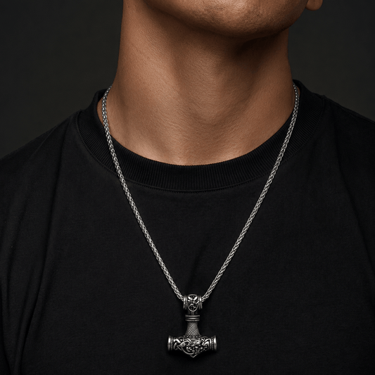 THE MEN THING SS Pendant/ Necklace VIKING NORSE GOD HAMMER SILVER  - Pure Titanium Steel Necklace with 24 inch Chain for Men & Boys