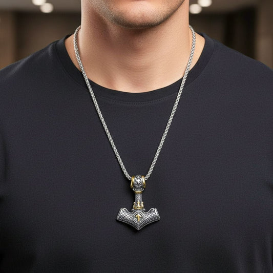 THE MEN THING SS Pendant/ Necklace VIKING NORSE MJOLNIR GOLD  - Pure Titanium Steel Necklace with 24 inch Chain for Men & Boys