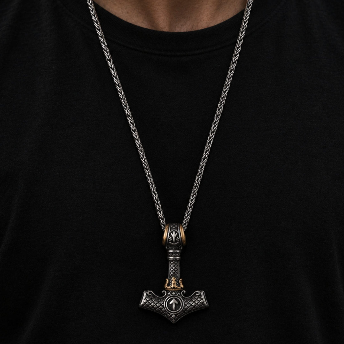 THE MEN THING SS Pendant/ Necklace VIKING NORSE MJOLNIR GOLD  - Pure Titanium Steel Necklace with 24 inch Chain for Men & Boys