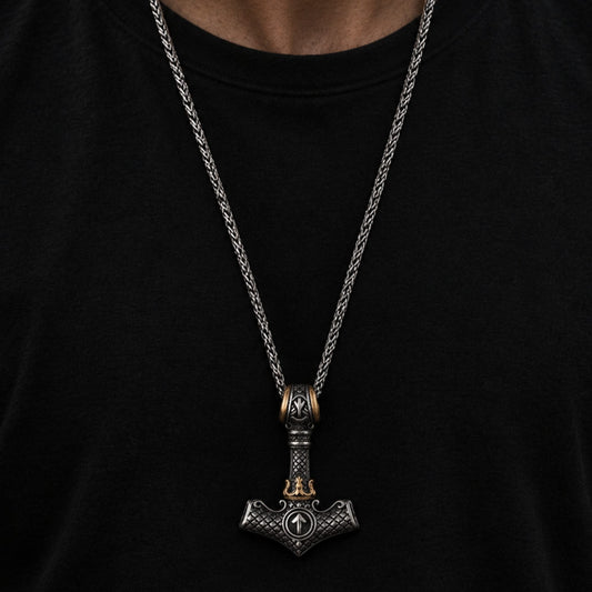 THE MEN THING SS Pendant/ Necklace VIKING NORSE MJOLNIR GOLD  - Pure Titanium Steel Necklace with 24 inch Chain for Men & Boys