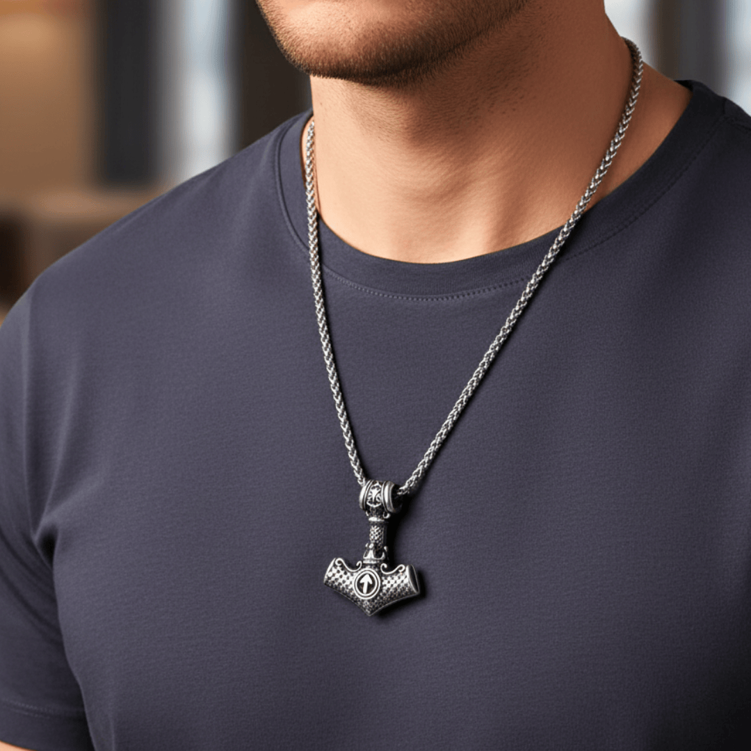 THE MEN THING SS Pendant/ Necklace VIKING NORSE MJOLNIR SILVER  - Pure Titanium Steel Necklace with 24 inch Chain for Men & Boys
