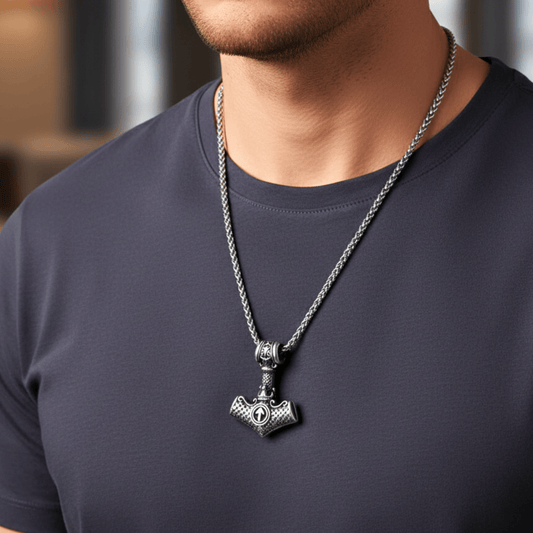 THE MEN THING SS Pendant/ Necklace VIKING NORSE MJOLNIR SILVER  - Pure Titanium Steel Necklace with 24 inch Chain for Men & Boys