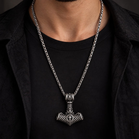 THE MEN THING SS Pendant/ Necklace VIKING NORSE MJOLNIR SILVER  - Pure Titanium Steel Necklace with 24 inch Chain for Men & Boys