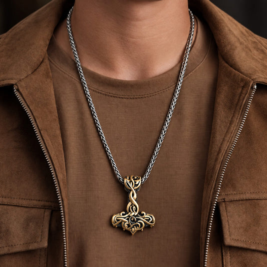 THE MEN THING SS Pendant/ Necklace VIKING RUNES THOR HAMMER GOLD - Pure Titanium Steel Necklace with 24 inch Chain for Men & Boys