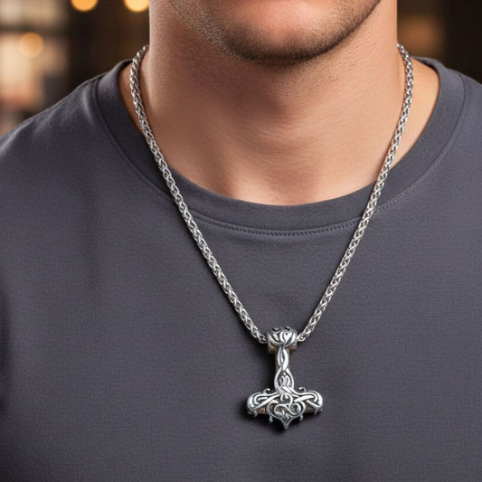THE MEN THING SS Pendant/ Necklace VIKING RUNES THOR HAMMER SILVER  - Pure Titanium Steel Necklace with 24 inch Chain for Men & Boys