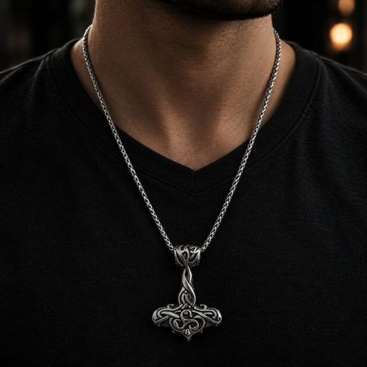 THE MEN THING SS Pendant/ Necklace VIKING RUNES THOR HAMMER SILVER  - Pure Titanium Steel Necklace with 24 inch Chain for Men & Boys