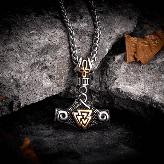 THE MEN THING SS Pendant/ Necklace VIKING THOR HAMMER VALKNUT GOLD - Pure Titanium Steel Necklace with 24 inch Chain for Men & Boys