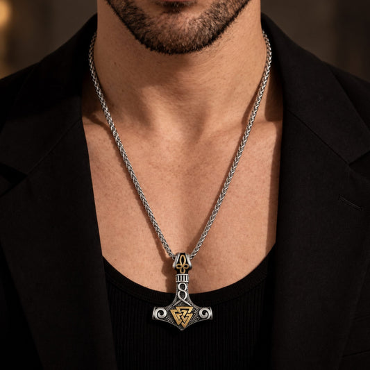 THE MEN THING SS Pendant/ Necklace VIKING THOR HAMMER VALKNUT GOLD - Pure Titanium Steel Necklace with 24 inch Chain for Men & Boys