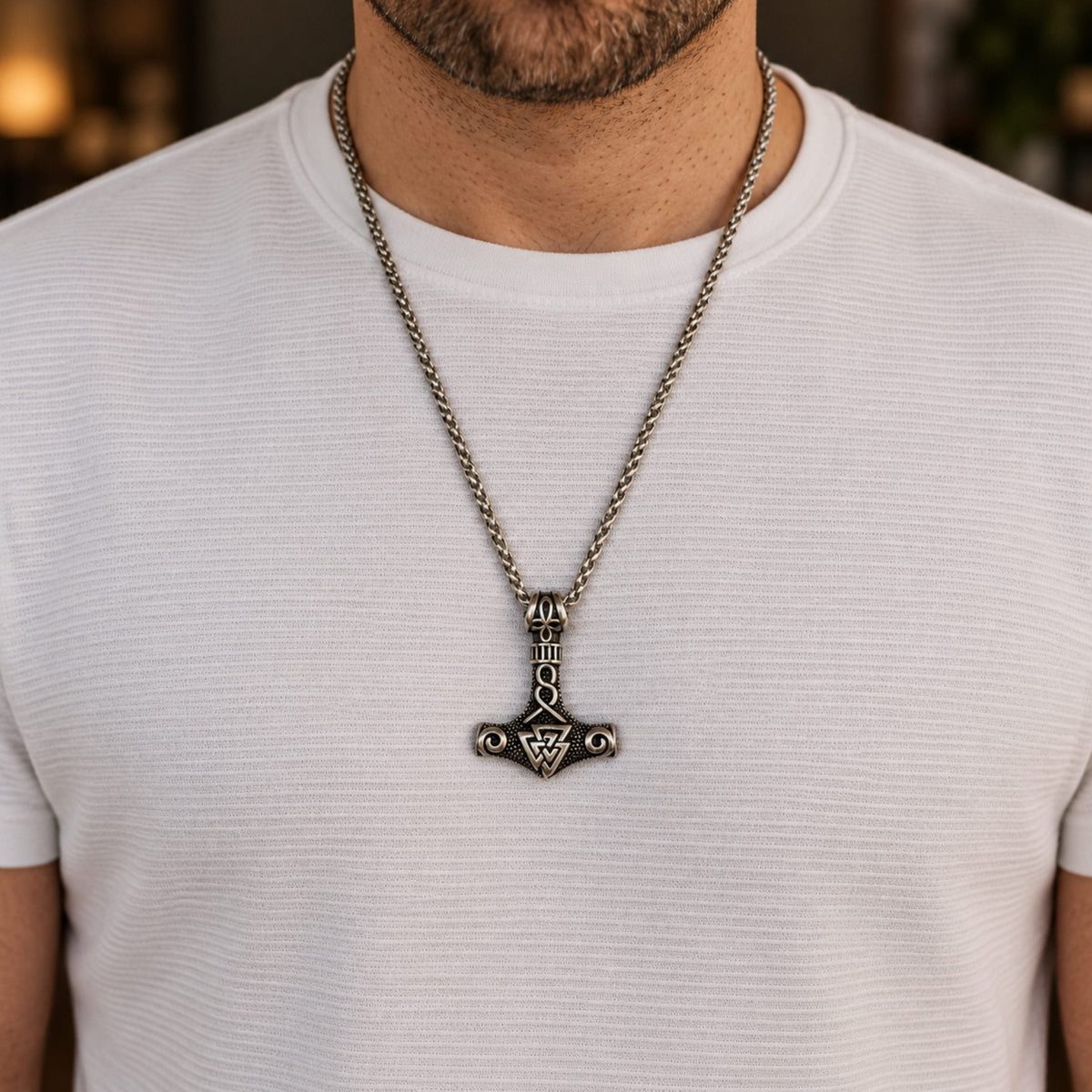 THE MEN THING SS Pendant/ Necklace VIKING THOR HAMMER VALKNUT SILVER - Pure Titanium Steel Necklace with 24 inch Chain for Men & Boys