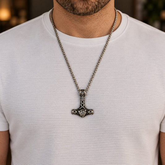 THE MEN THING SS Pendant/ Necklace VIKING THOR HAMMER VALKNUT SILVER - Pure Titanium Steel Necklace with 24 inch Chain for Men & Boys