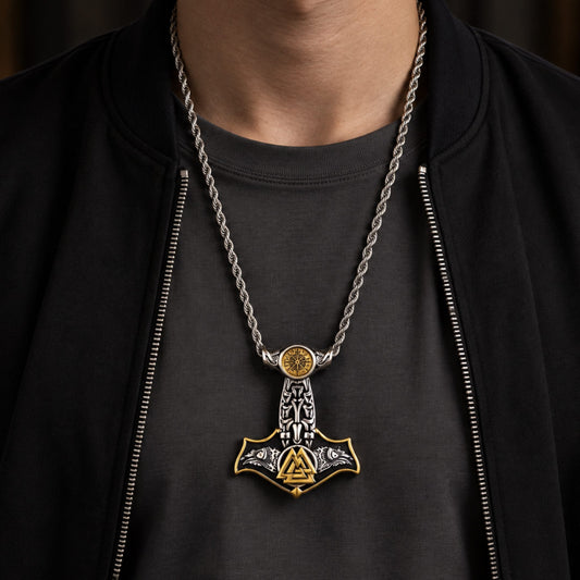 THE MEN THING SS Pendant/ Necklace VIKING THOR MJOLNIR GOLD - Pure Titanium Steel Necklace with 24 inch Chain for Men & Boys