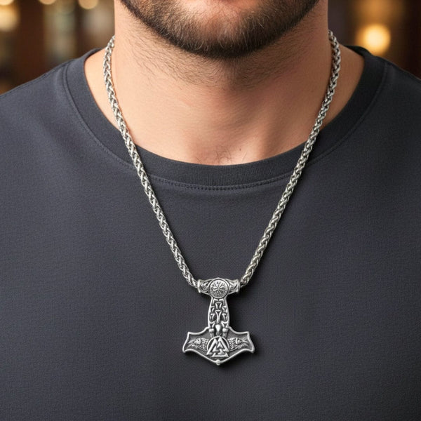 VIKING THOR MJOLNIR SILVER - Pure Titanium Steel Necklace with 24 inch Chain for Men & Boys