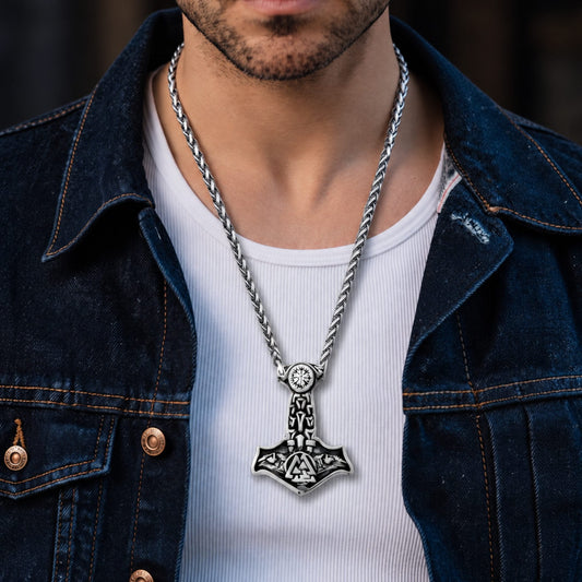 THE MEN THING SS Pendant/ Necklace VIKING THOR MJOLNIR SILVER - Pure Titanium Steel Necklace with 24 inch Chain for Men & Boys
