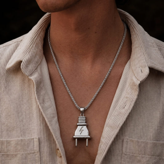 THE MEN THING SS Pendant/ Necklace VOLT BOLT - 23mm Titanium Steel Pendant with Adjustable Twisted 4mm Chain for Men & Boys (22 to 24inch)