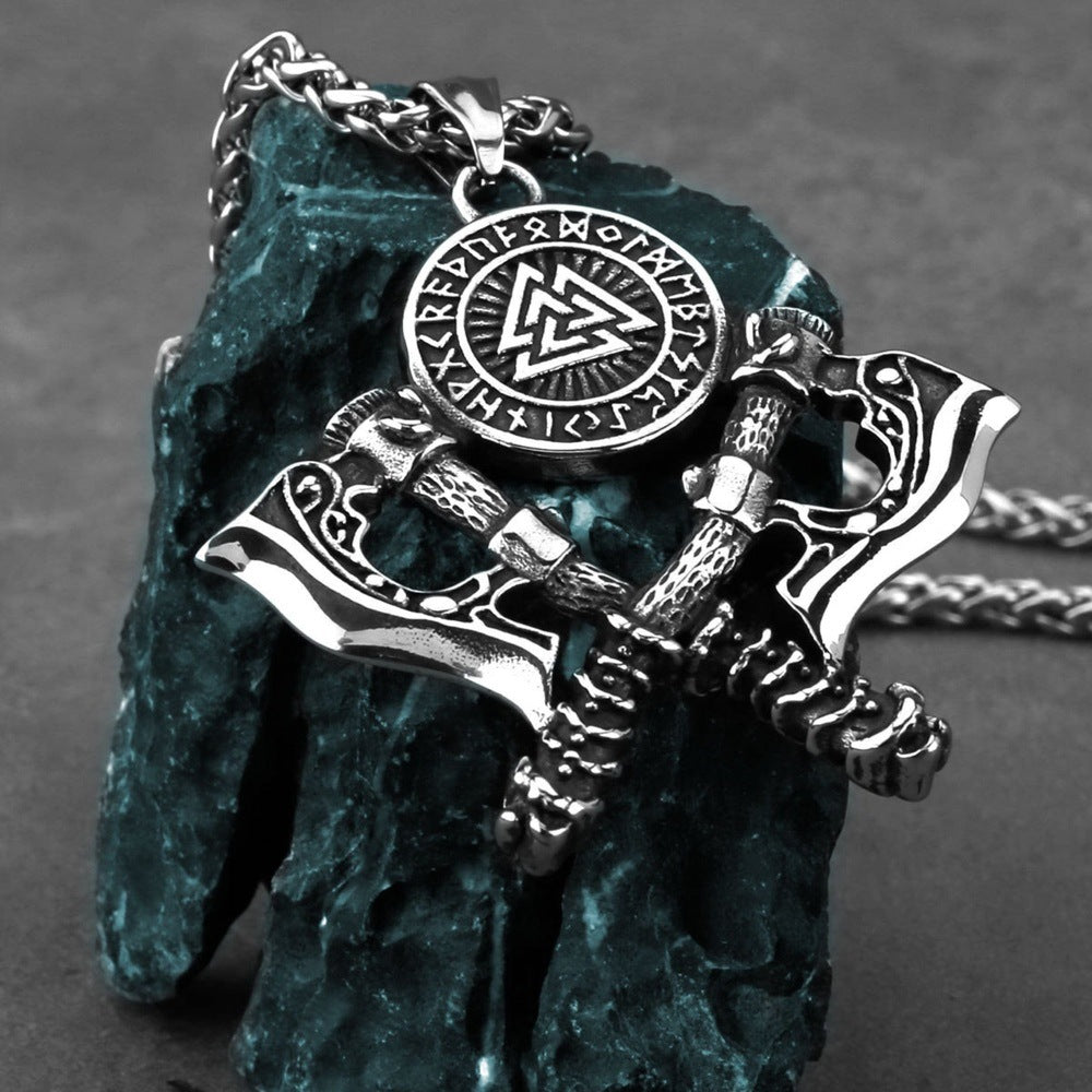 THE MEN THING SS Pendant/ Necklace WARRIOR CROSSED AXE - 17mm Pure Titanium Steel Pendant with 28inch Twisted 4mm Chain for Men & Boys