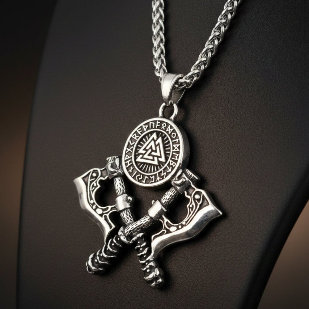 THE MEN THING SS Pendant/ Necklace WARRIOR CROSSED AXE - 17mm Pure Titanium Steel Pendant with 28inch Twisted 4mm Chain for Men & Boys