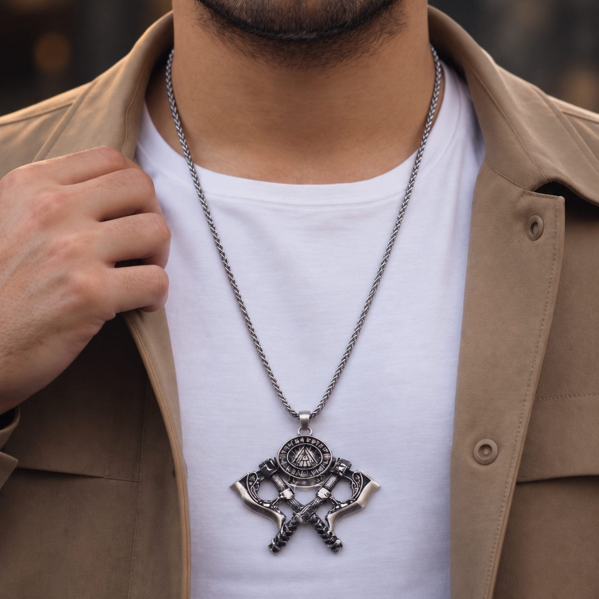 THE MEN THING SS Pendant/ Necklace WARRIOR CROSSED AXE - 17mm Pure Titanium Steel Pendant with 28inch Twisted 4mm Chain for Men & Boys