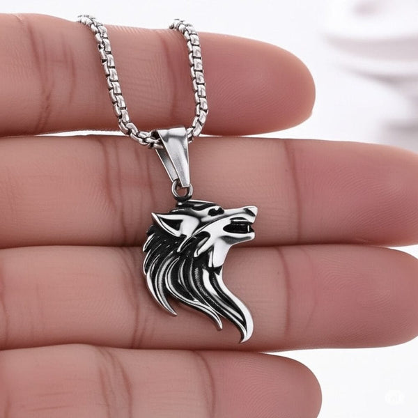 WATCHING WOLF (T) - Pure Titanium Steel Pendant with Stainless Steel 24inch Round Box Chain, European trending Style for Men & Boy