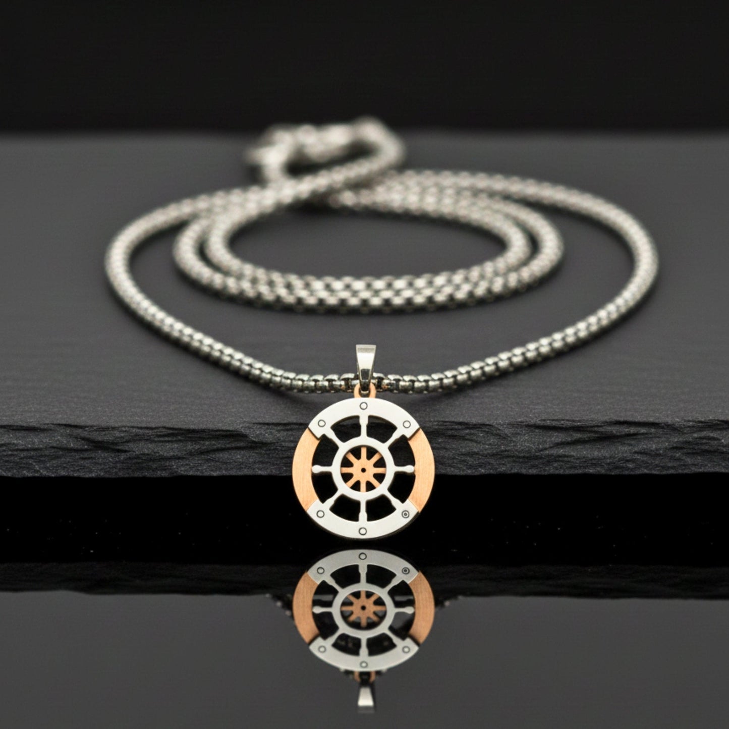 THE MEN THING SS Pendant/ Necklace WHEEL OF VALOR - 20mm Titanium Steel Pendant with 20inch Round Box 3mm Chain for Men & Boys