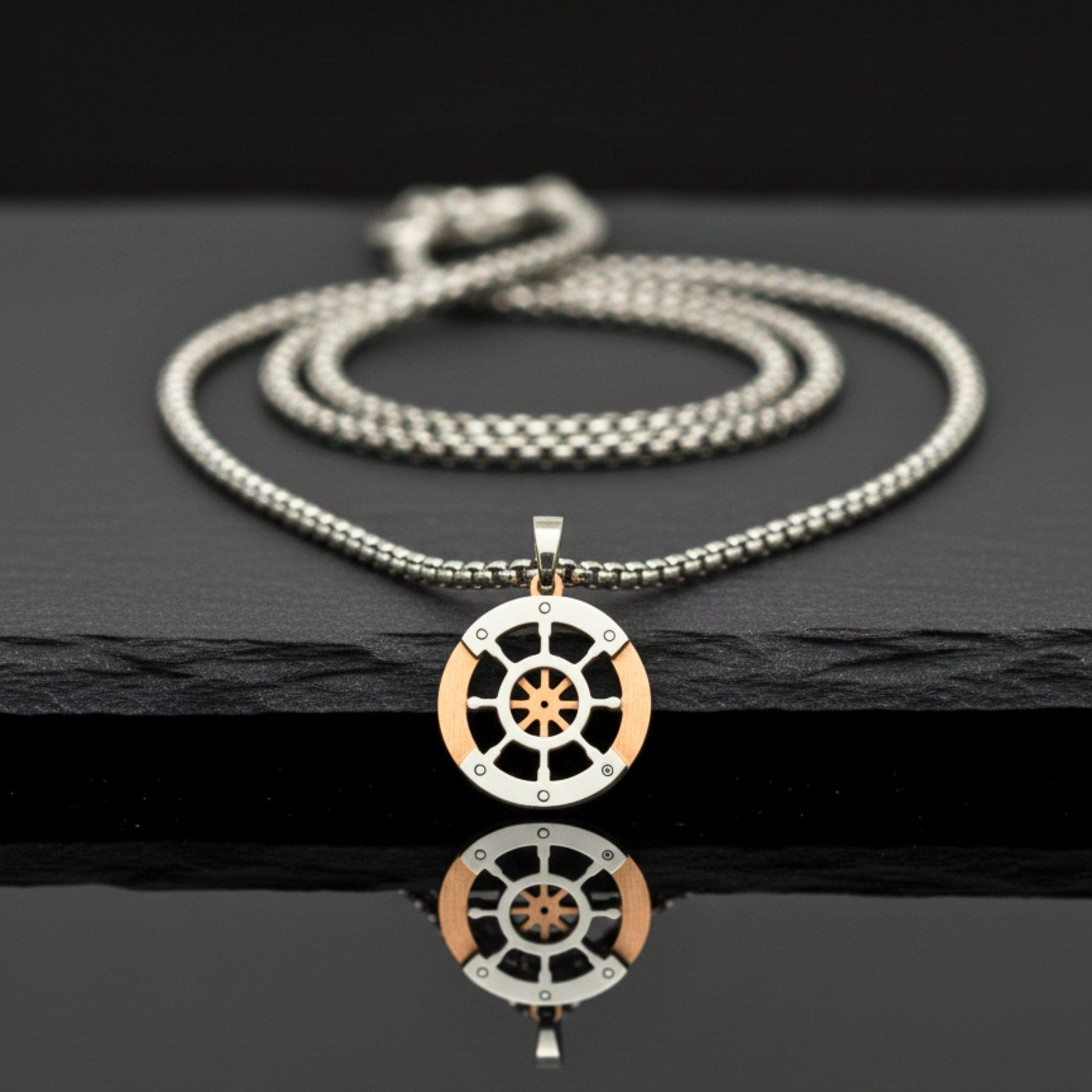 THE MEN THING SS Pendant/ Necklace WHEEL OF VALOR - 20mm Titanium Steel Pendant with 20inch Round Box 3mm Chain for Men & Boys