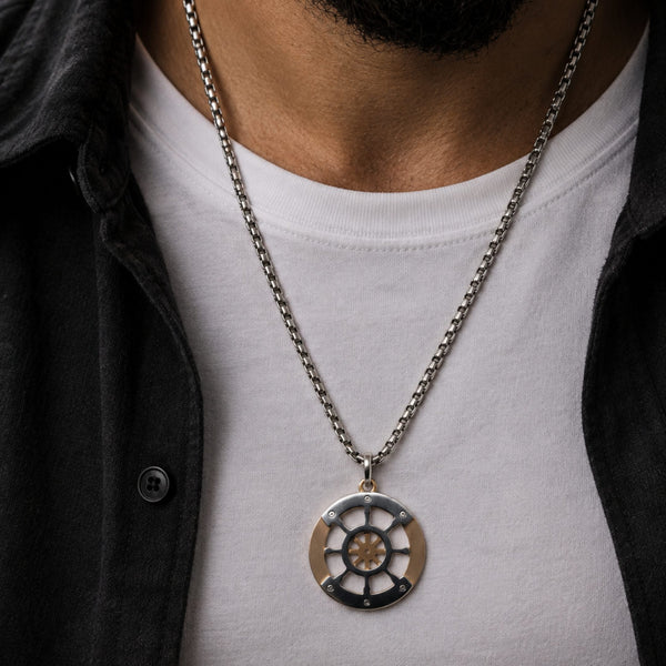 WHEEL OF VALOR - 20mm Titanium Steel Pendant with 20inch Round Box 3mm Chain for Men & Boys
