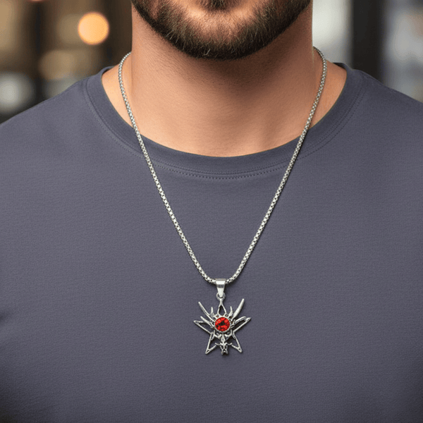 వైల్డ్ హంట్ - రెడ్ స్టోన్‌తో స్టెయిన్‌లెస్ స్టీల్ 24 అంగుళాల రౌండ్ బాక్స్ చైన్‌తో అల్లాయ్ లాకెట్టు, పురుషులు & అబ్బాయిల కోసం యూరోపియన్ ట్రెండింగ్ స్టైల్