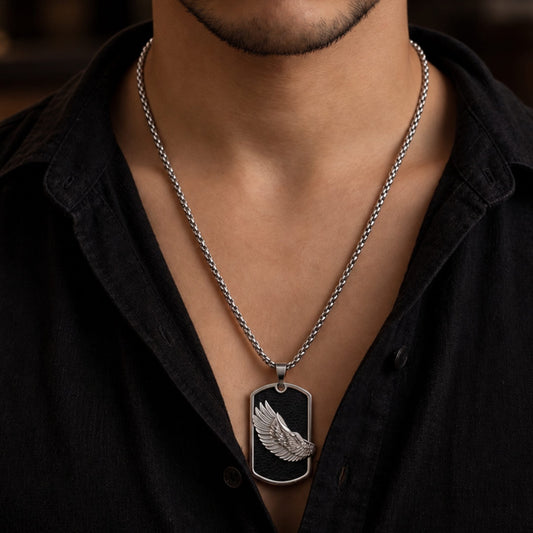 THE MEN THING SS Pendant/ Necklace WINGED DOG TAG - 30mm Pure Titanium Steel Pendant with 27inch Round Box 4mm Chain for Men & Boys