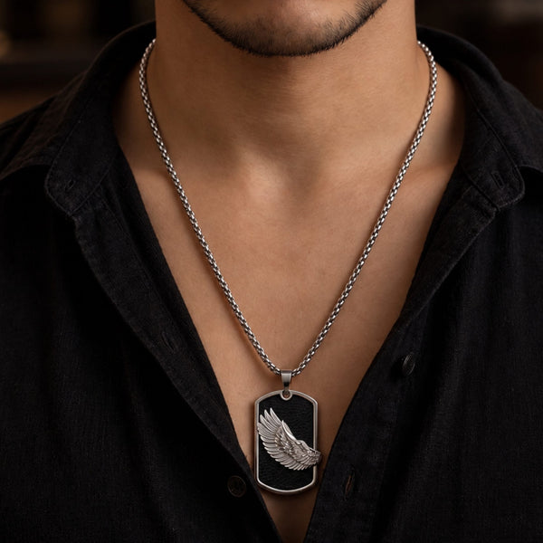 WINGED DOG TAG - 30mm Pure Titanium Steel Pendant with 27inch Round Box 4mm Chain for Men & Boys