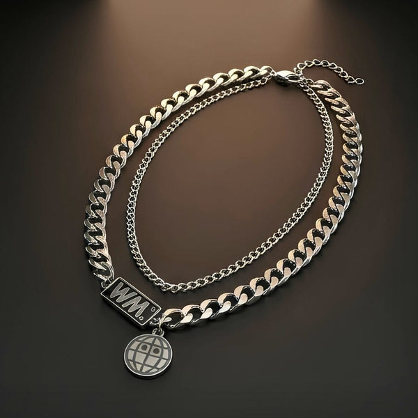 WORLD GRID - 13mm Titanium Steel Pendant with 18inch to 20inch Adjustable Cable Chain for Men & Boys