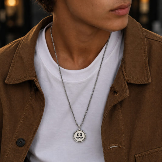 THE MEN THING SS Pendant/ Necklace X-FACE AND SMILEY MOOD - 26mm Pure Titanium Steel Pendant with 28inch Round Box 4mm Chain for Men & Boys