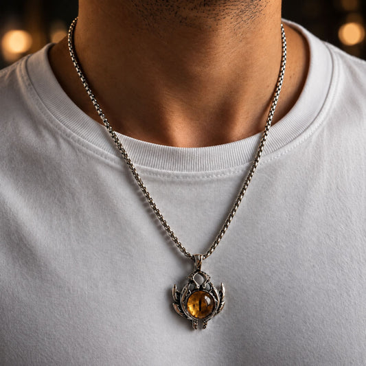 THE MEN THING SS Pendant/ Necklace YELLOW EYE PROTECT (T) - Pure Titanium Steel Pendant with Stainless Steel 24inch Round Box Chain, European trending Style for Men & Boy