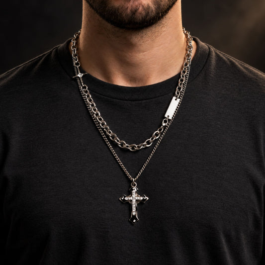 THE MEN THING SS Pendant/ Necklace ZENTHOR LAYERED CROSS - 26mm Titanium Steel Pendant with 19inch Cube 6mm Chain for Men & Boys