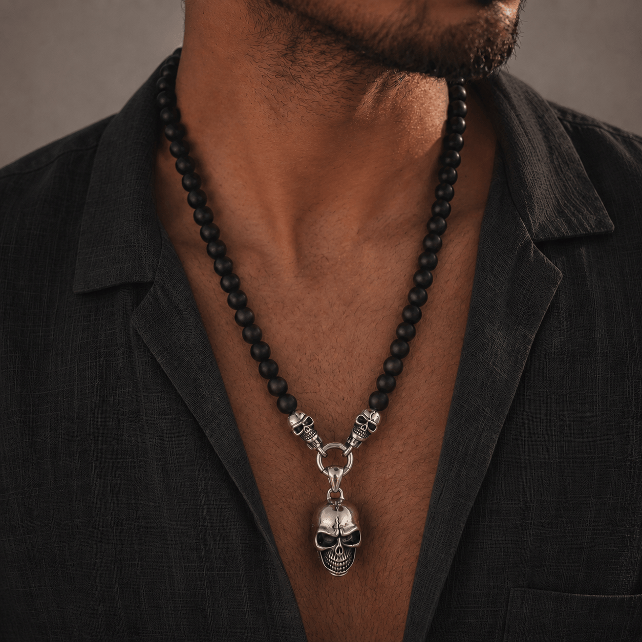 THE MEN THING SS Pendant with Chain GOTHIC SKULL - Premium Titanium Steel Pendant - 8mm Black Natural Onyx Beads - 24inch Chain for Men & Boys