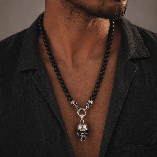 THE MEN THING SS Pendant with Chain GOTHIC SKULL - Premium Titanium Steel Pendant - 8mm Black Natural Onyx Beads - 24inch Chain for Men & Boys