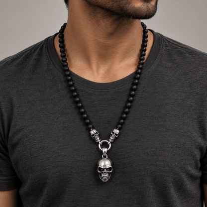THE MEN THING SS Pendant with Chain GOTHIC SKULL - Premium Titanium Steel Pendant - 8mm Black Natural Onyx Beads - 24inch Chain for Men & Boys