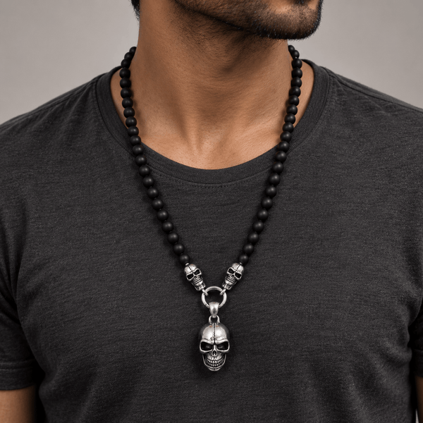 GOTHIC SKULL - Premium Titanium Steel Pendant - 8mm Black Natural Onyx Beads - 24inch Chain for Men & Boys