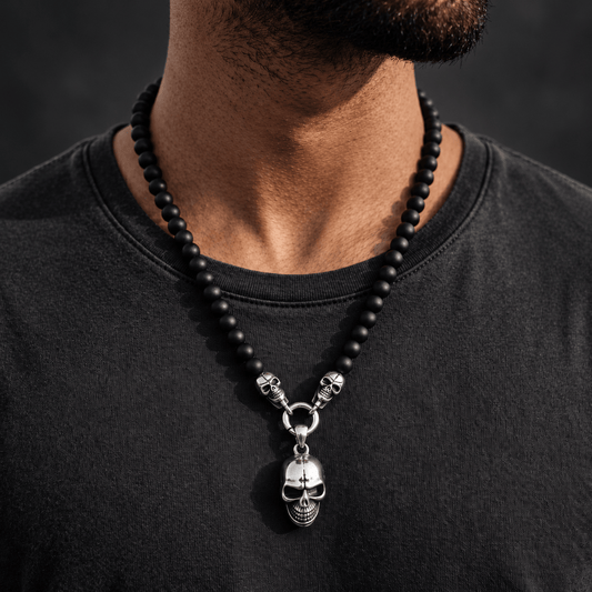 THE MEN THING SS Pendant with Chain GOTHIC SKULL - Premium Titanium Steel Pendant - 8mm Black Natural Onyx Beads - 24inch Chain for Men & Boys