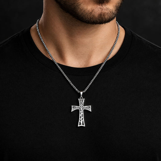 THE MEN THING SS Pendant with Chain LEAFLINE CRUCIFIX - 24inch Pure Stainless Steel  Round box Chain for Men, European trending Style for Men & Boy