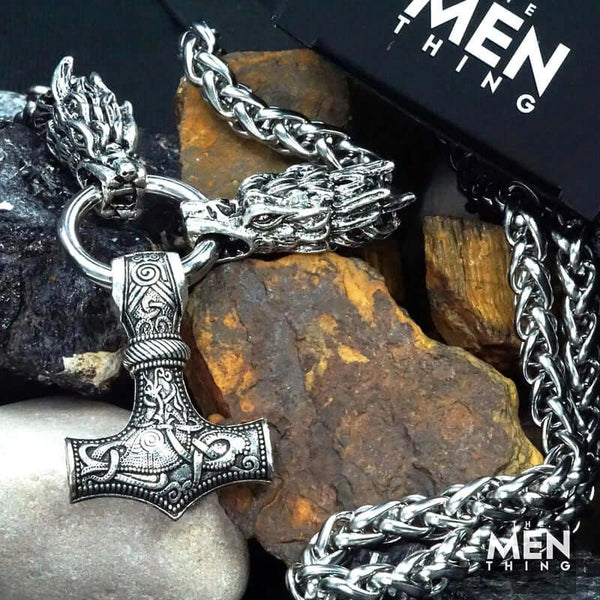 NORSE VIKING WARRIOR THOR HAMMER -  Talisman Necklace, Pure Stainless Steel Nordic Mythology Mjolnir Pendant for Men and Boys