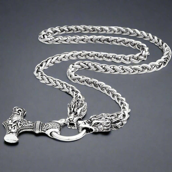 NORSE VIKING WARRIOR THOR HAMMER -  Talisman Necklace, Pure Stainless Steel Nordic Mythology Mjolnir Pendant for Men and Boys