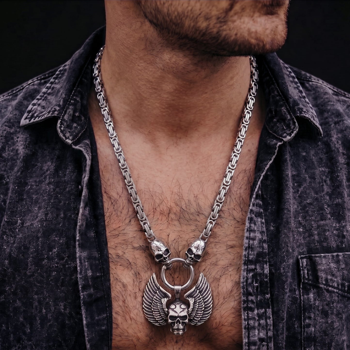 THE MEN THING SS Pendant with Chain SKULLWING SOVEREIGN - 24inch Pure Stainless Steel European trending Style Chain for Men & Boy