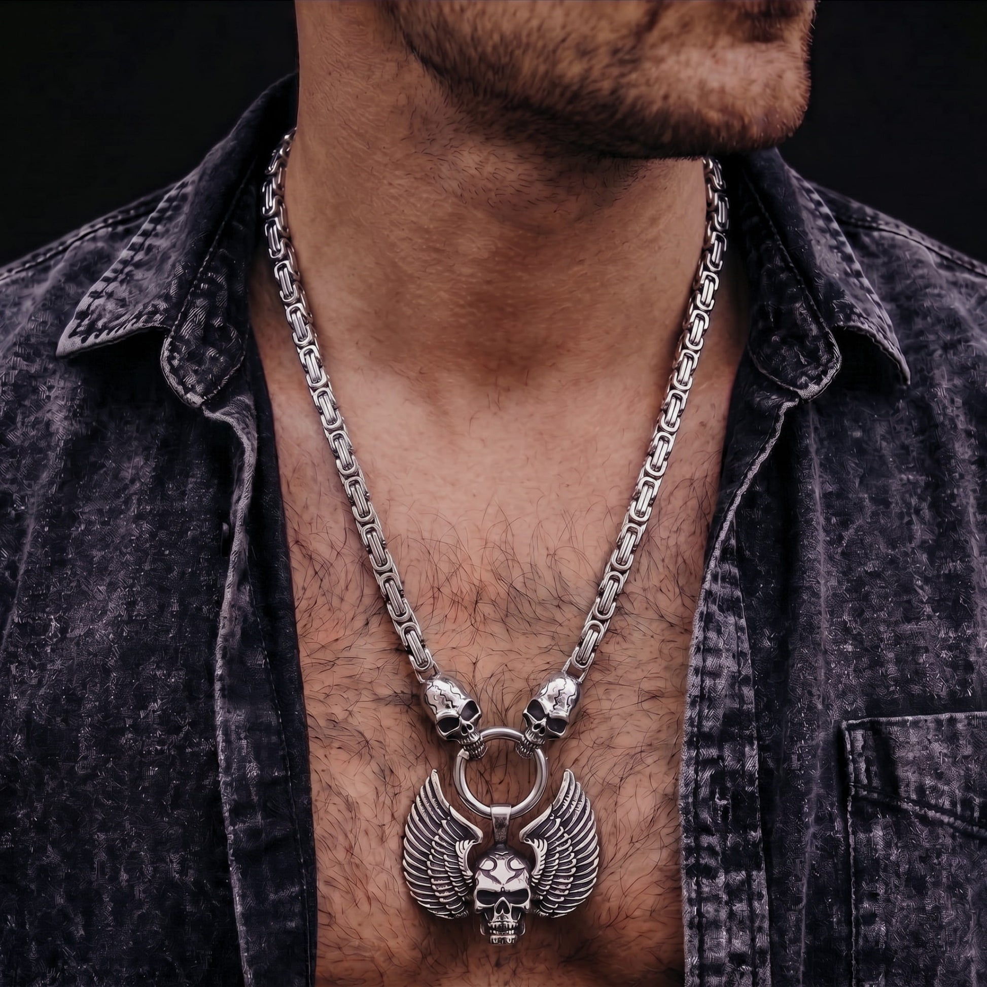 THE MEN THING SS Pendant with Chain SKULLWING SOVEREIGN - 24inch Pure Stainless Steel European trending Style Chain for Men & Boy