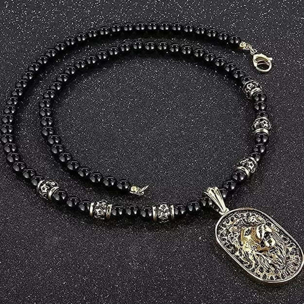 WARRIOR NECKWEAR - Pure Titanium Steel Lion Head Shield 18K Pvd Gold Plated Necklace with 8mm Black Onyx Beads 27inch Chain for Men & Boys